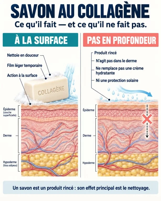 Infographie sur les bienfaits du savon au collagène et ses limites sur la peau