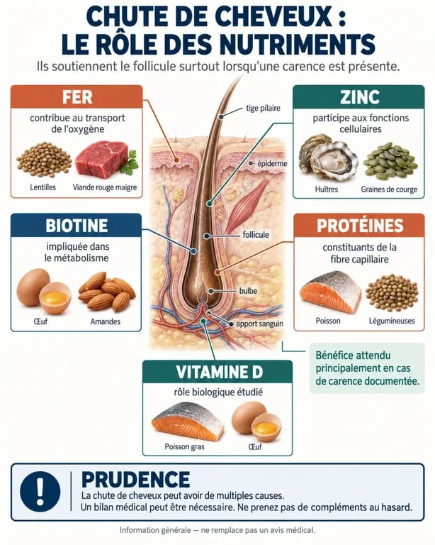 Vitamines pour cheveux qui tombent : rôle du fer, du zinc, de la biotine et des protéines