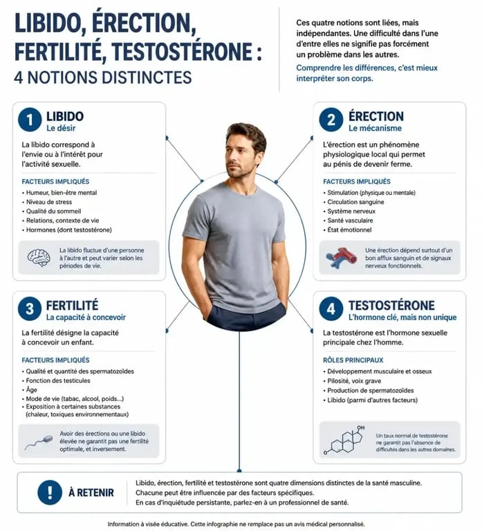 Infographie sur le complément alimentaire libido homme et la différence entre désir, érection, fertilité et testostérone