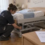 Location lit médicalisé Strasbourg : lit installé, technicienne règle le sommier