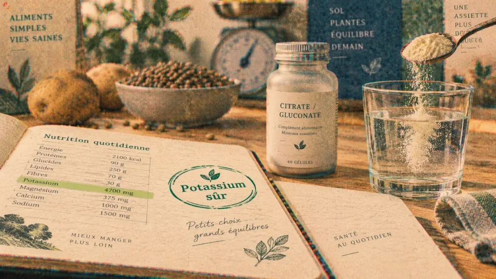 Complément alimentaire potassium : fiole et eau, focus potassium élémentaire avant le sel