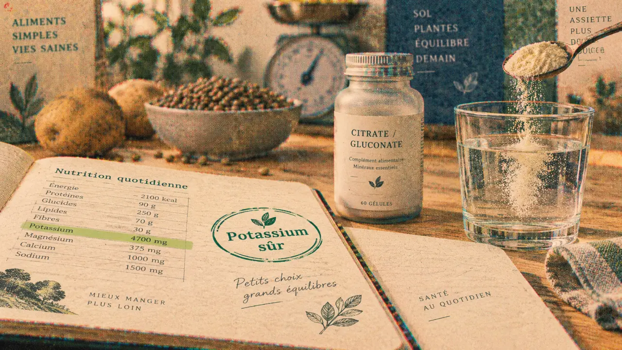 Complément alimentaire potassium : fiole et eau, focus potassium élémentaire avant le sel