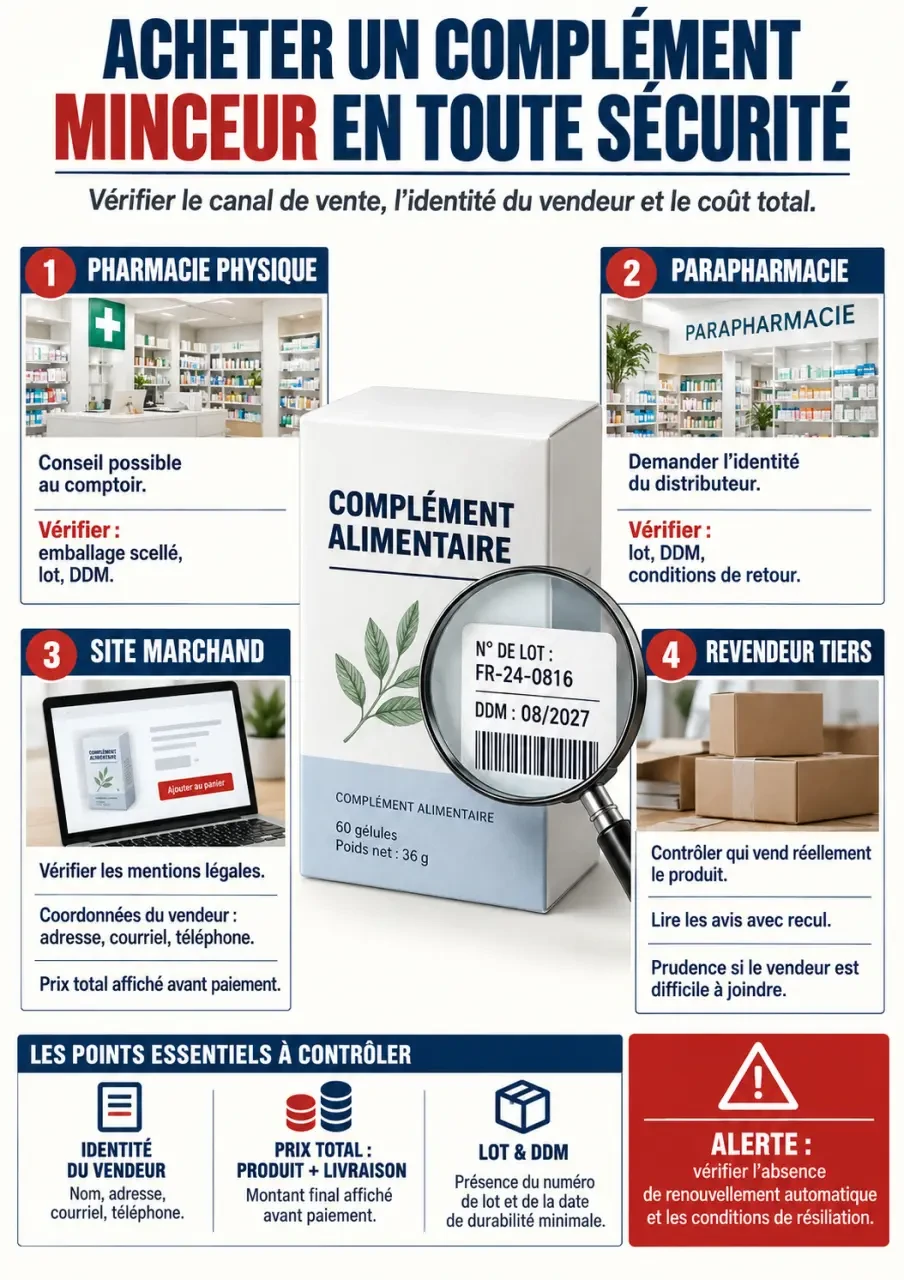 Infographie pour vérifier l’achat de Fitex en pharmacie ou en ligne