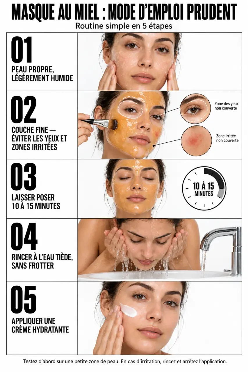 Étapes d’utilisation du miel visage rides en masque avec pose courte et hydratation finale