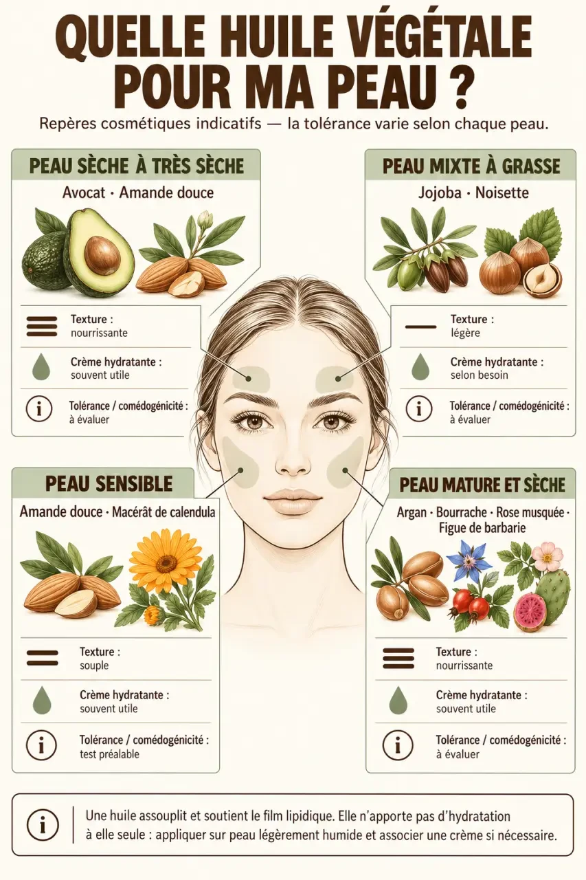 Infographie comparative sur le choix d’une huile végétale pour la peau selon le type de peau et le besoin