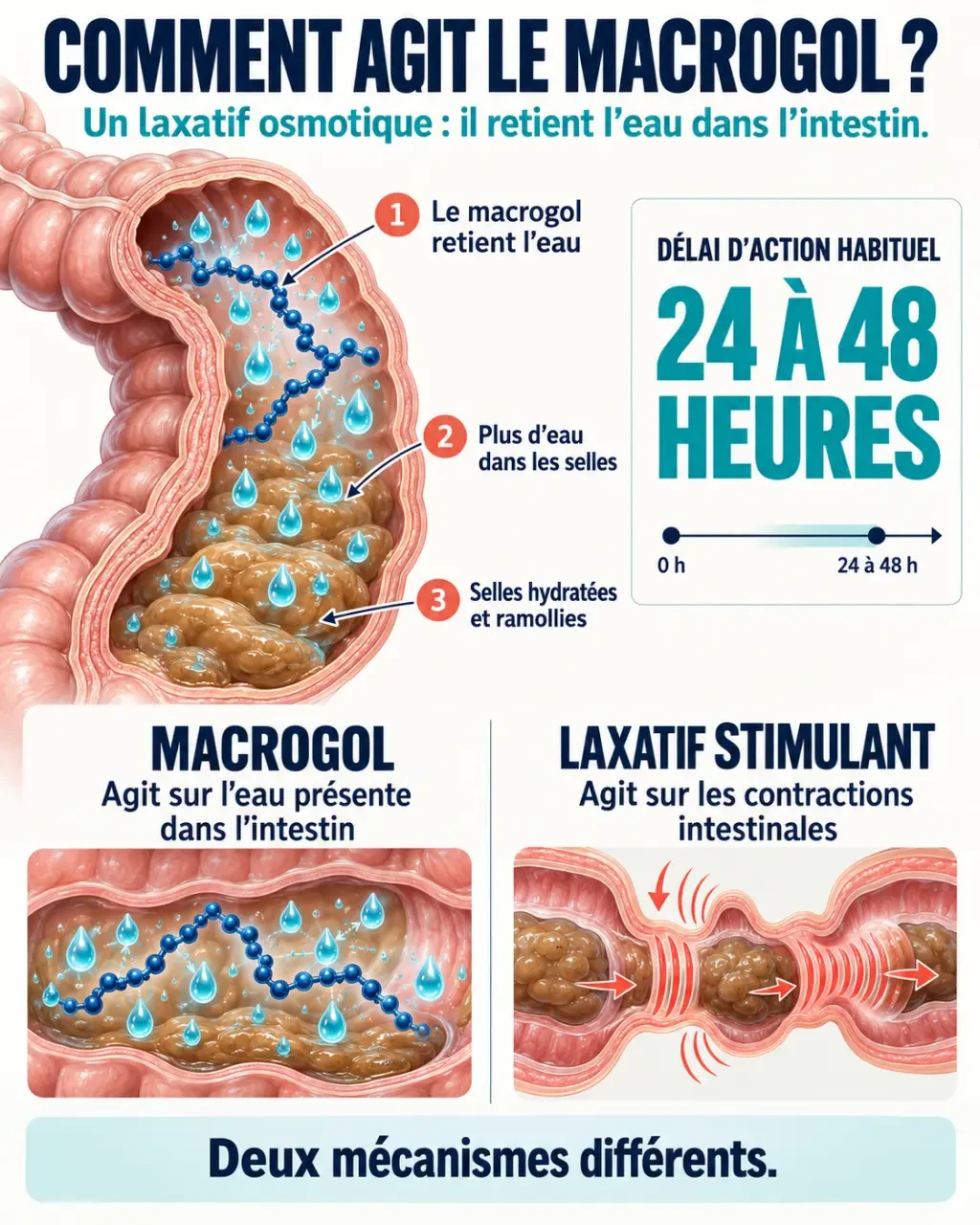 Macrogol avis : infographie sur son mécanisme osmotique et son délai d’action de 24 à 48 heures