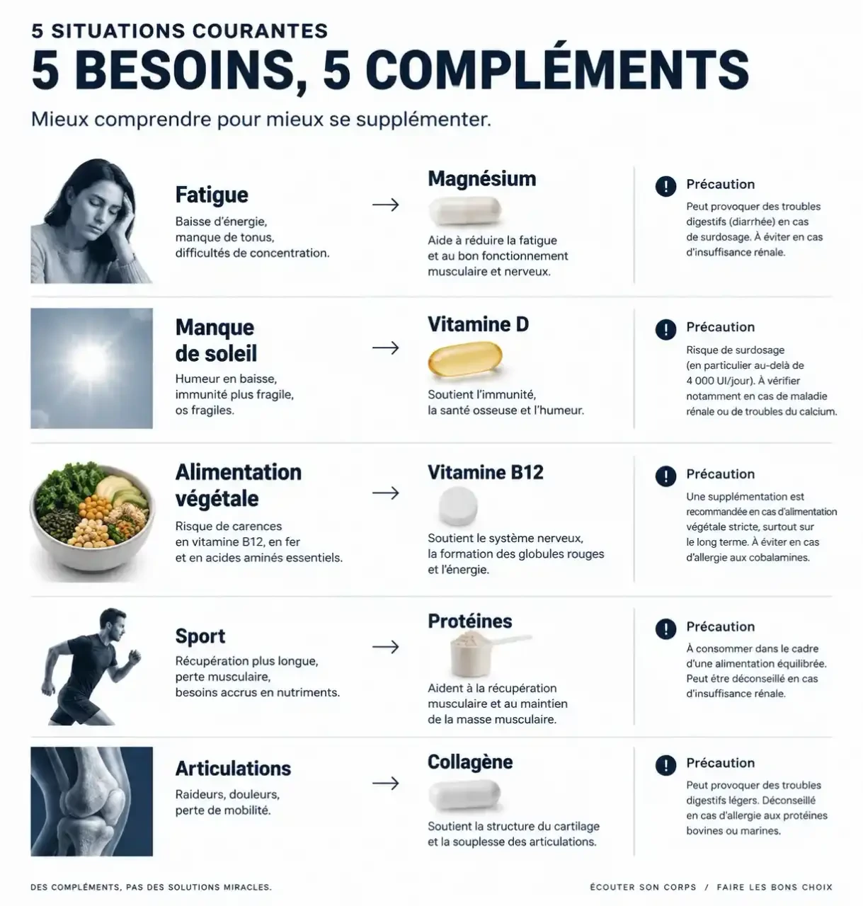 Infographie des meilleurs compléments alimentaires selon l'objectif : fatigue, vitamine D, B12, sport et articulations