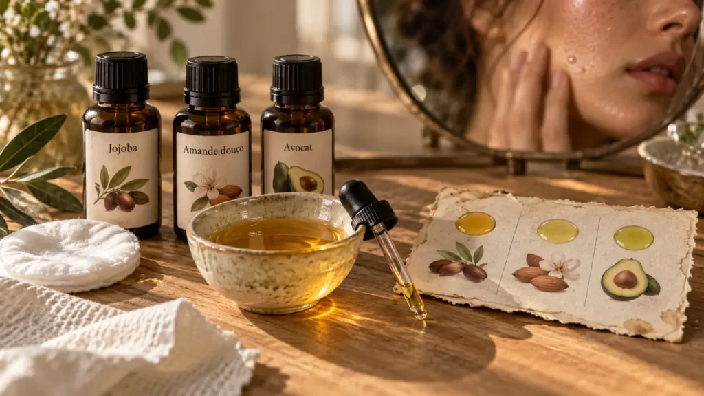 Huile végétale peau : huile jojoba, amande douce et avocat, sans film gras