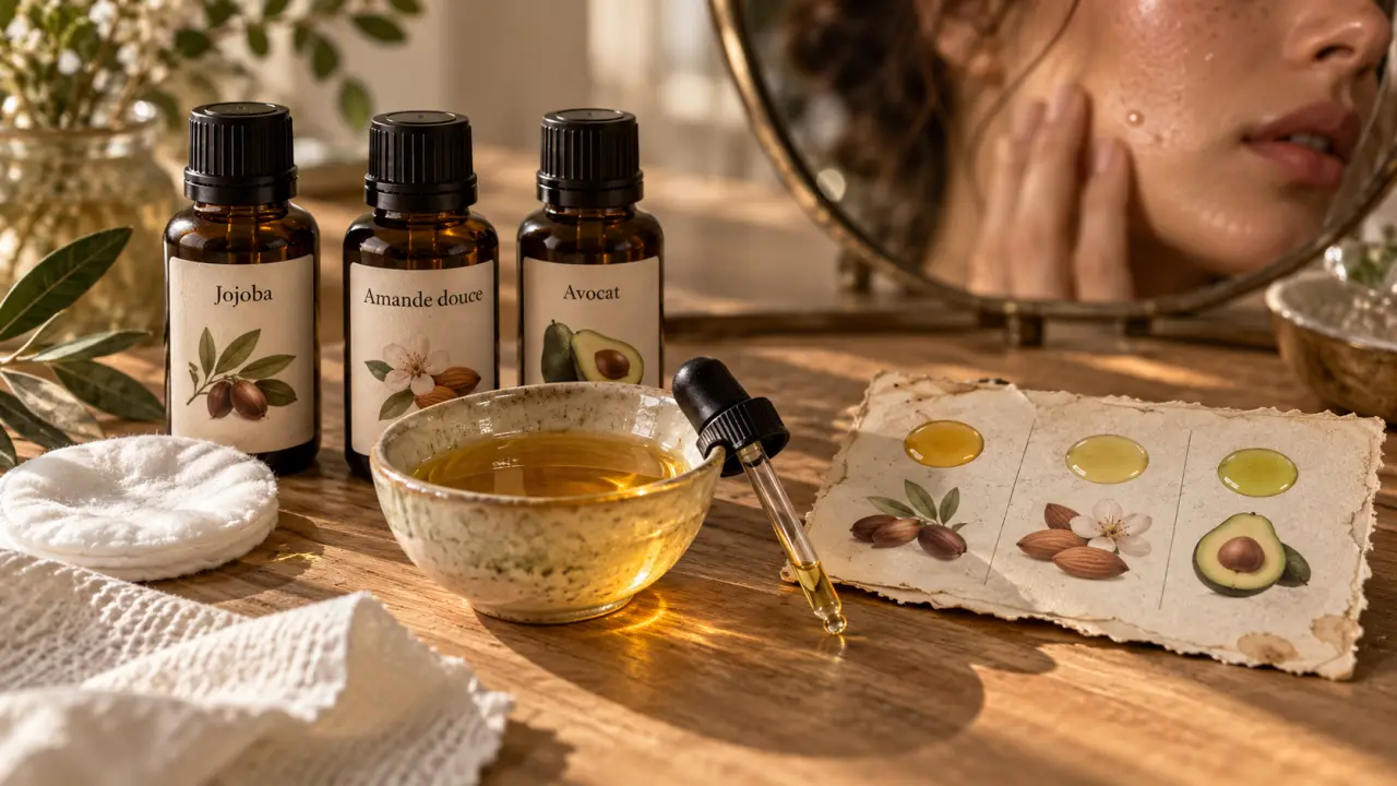 Huile végétale peau : huile jojoba, amande douce et avocat, sans film gras