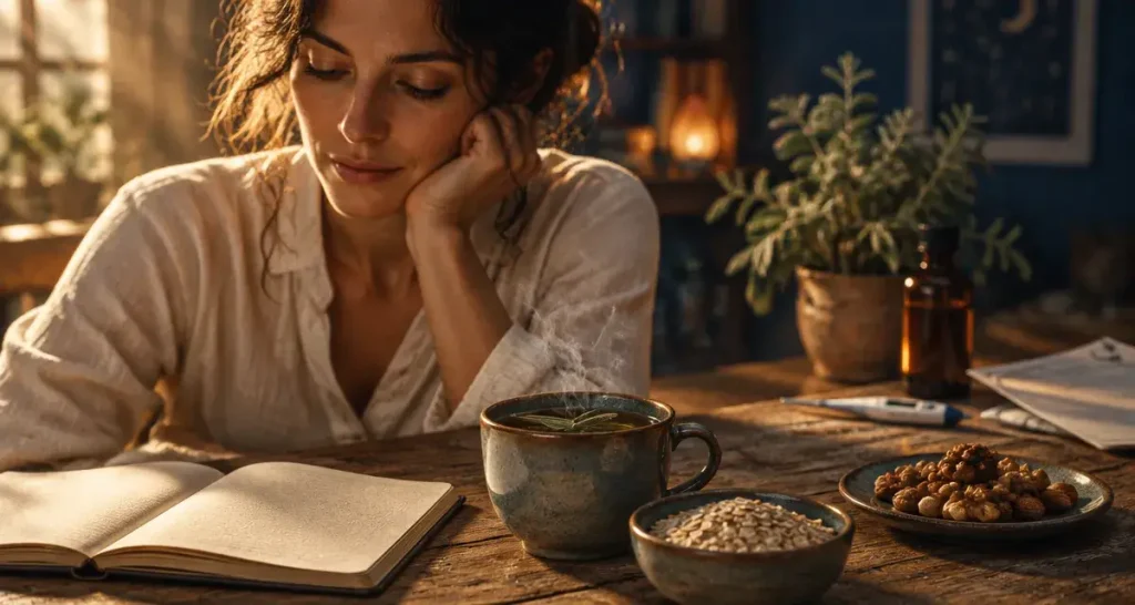 Naturopathie et menopause : tisane à la sauge et carnet pour soulager la femme