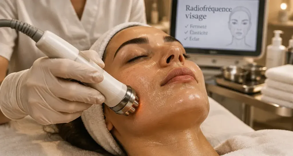 Radiofréquence visage : praticienne applique l’appareil sur le bas du visage