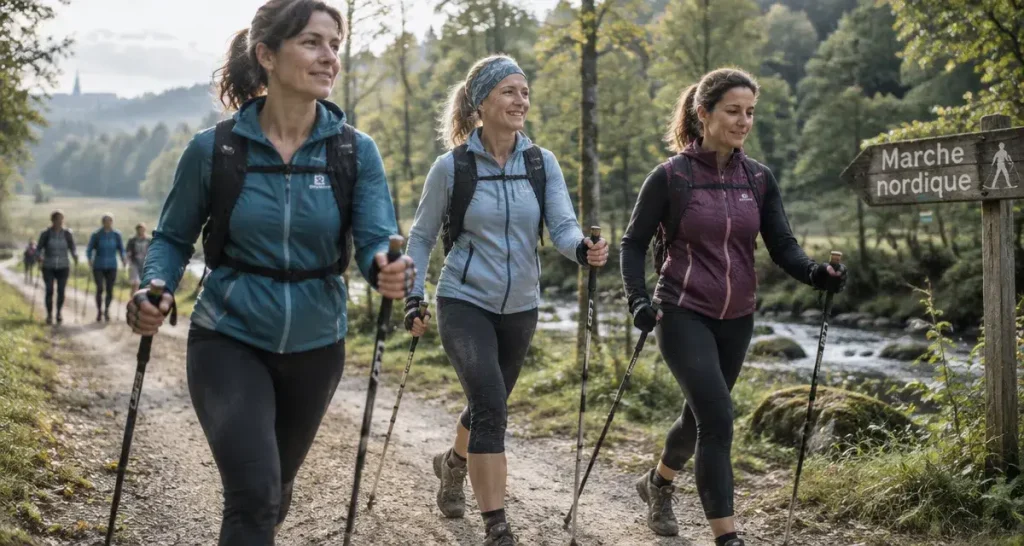 Sport nature santé : marche nordique près de Vichy, posture détendue